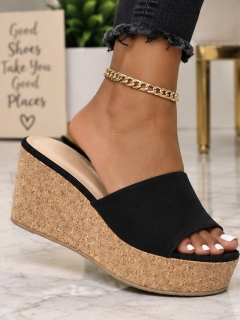 NEW Delia Black Cork Wedges Size 10